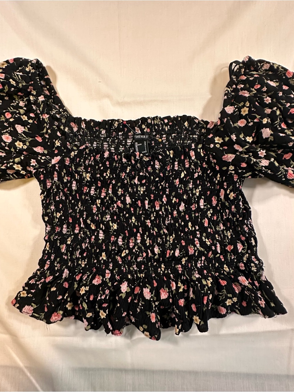 Forever 21 Black Smocked Floral Puff Sleeve Crop Top - Pink & Cream Flowers boho